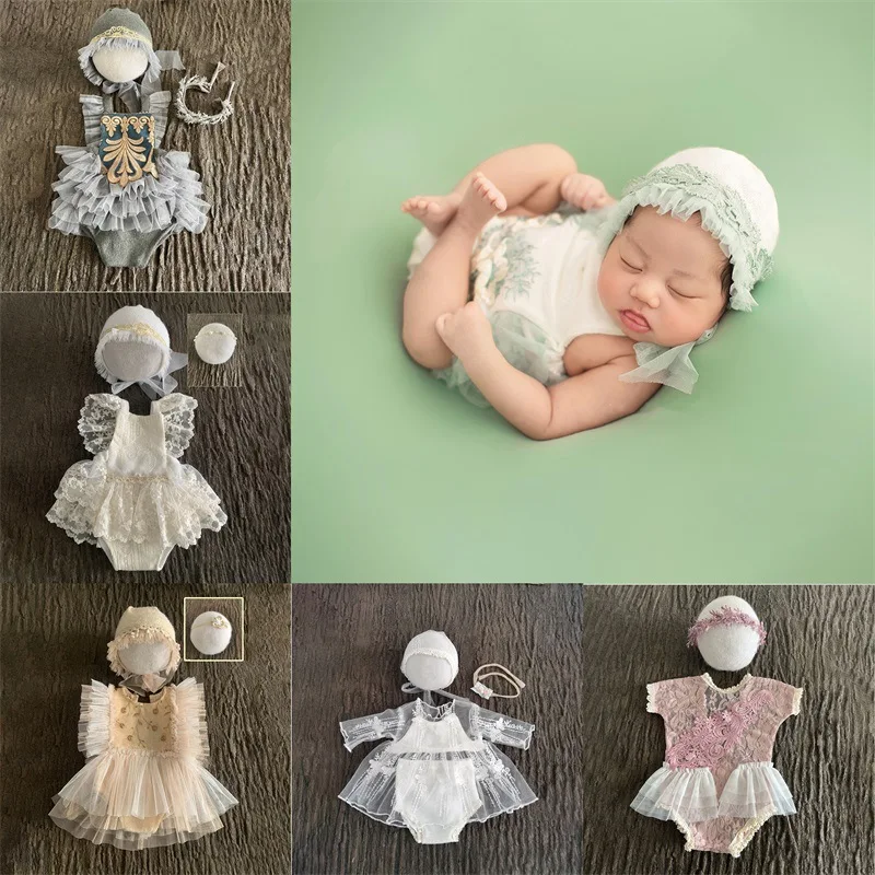 

Baby Photography Props 0-3 Girl Clothes Newborn Dress Hat HeaddressChiffon Lace 2022 NEW White Gray Red