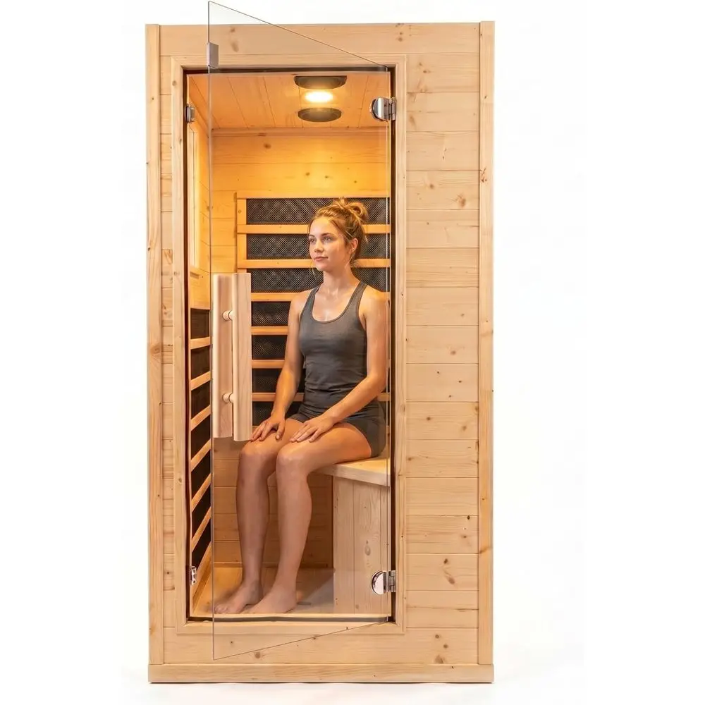 

1 Person Low EM ar Inrared Sauna, Natural Spruce Wood Compact Home Sauna, 1200W 110V, Bluetooth & Reading Light, 6mm Tempered Gl