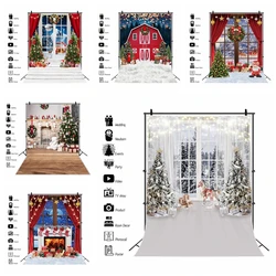 Christmas Photography Backdrop Xmas Tree Fireplace Wood Floor Window Gift Winter Baby Birthday Family Party Photo Background