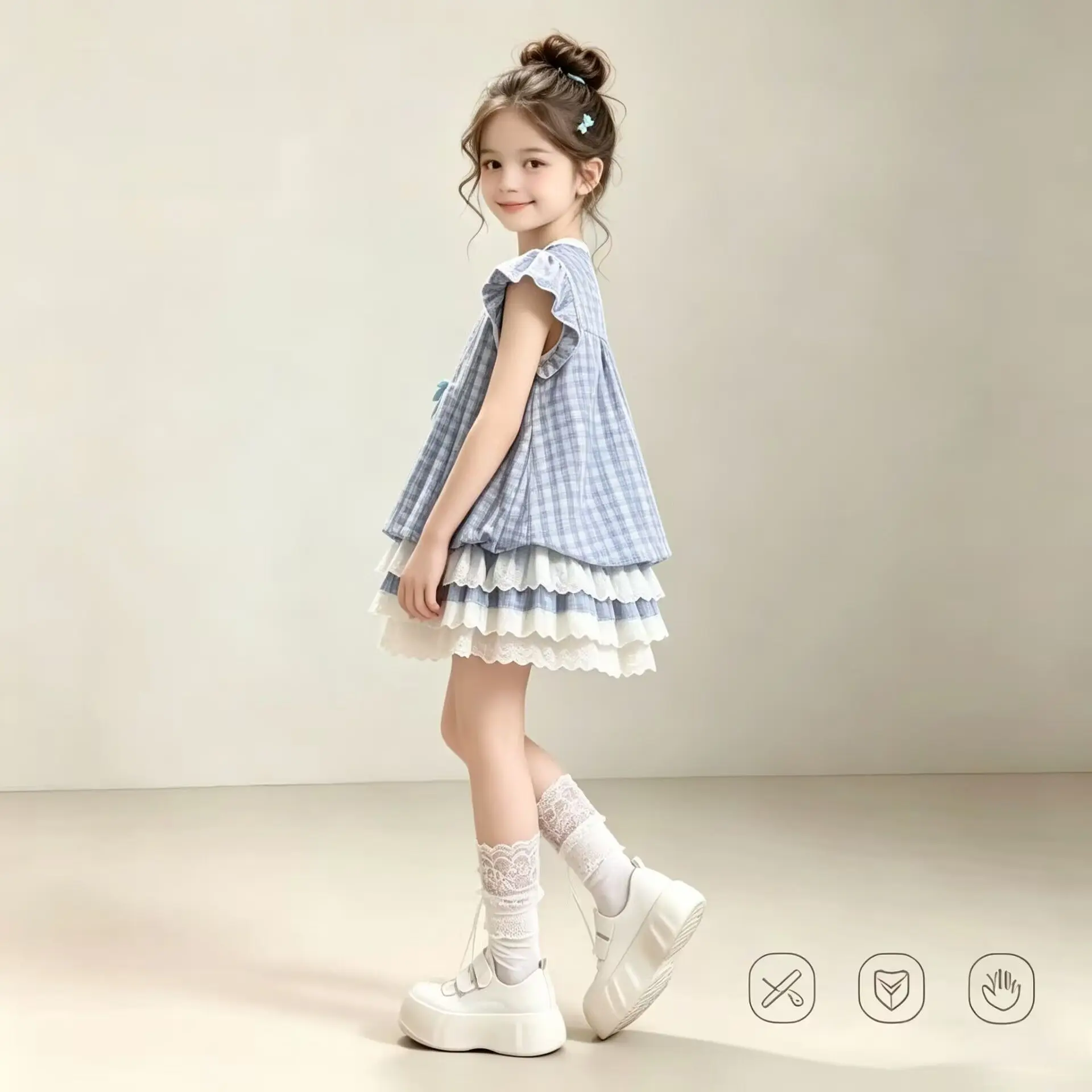 Girls 2-Piece Summer Outfit Blue Plaid Flutter Sleeve Top+Lace Tiered Ruffle Bloomer Shorts, Sweet Casual Clothing Set for Girls