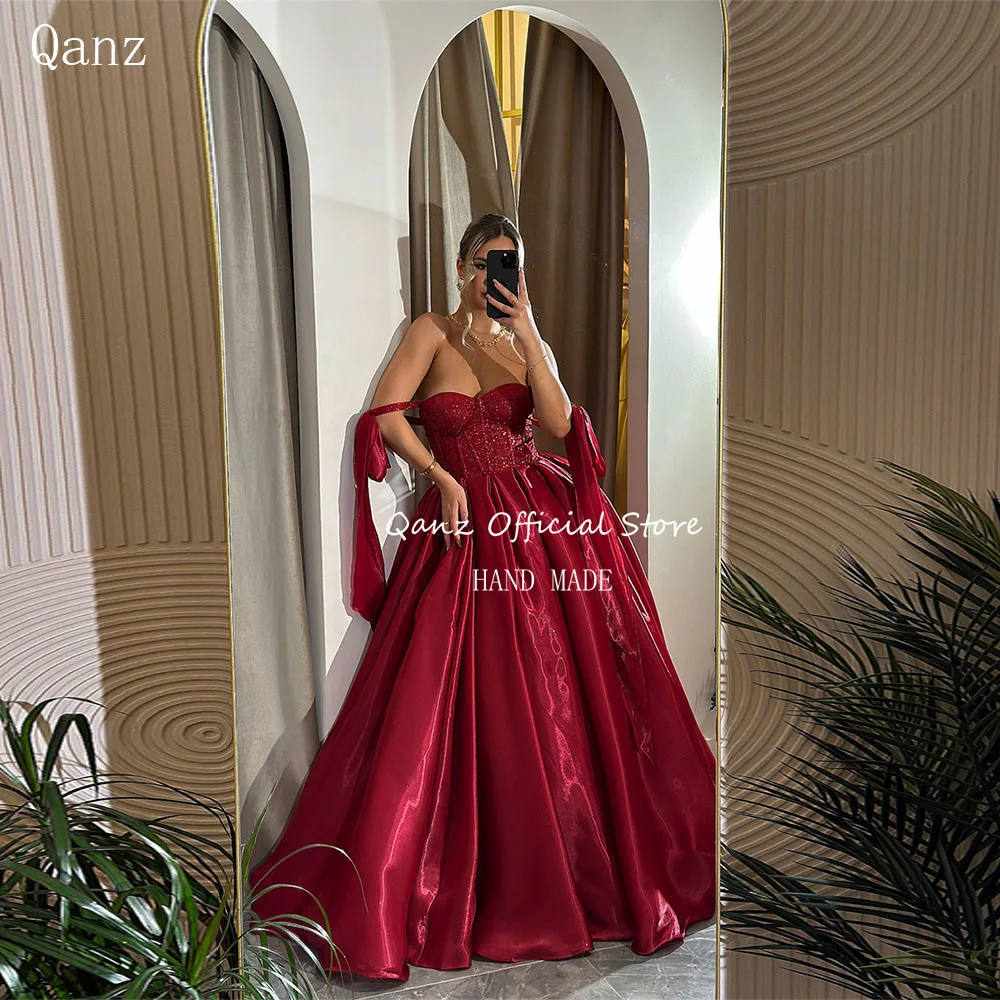 

Qanz Elegant Burgundy Evening Dresses Long Satin Glitter Spaghetti Straps Wedding Party Dress платье женское вечернее Customized