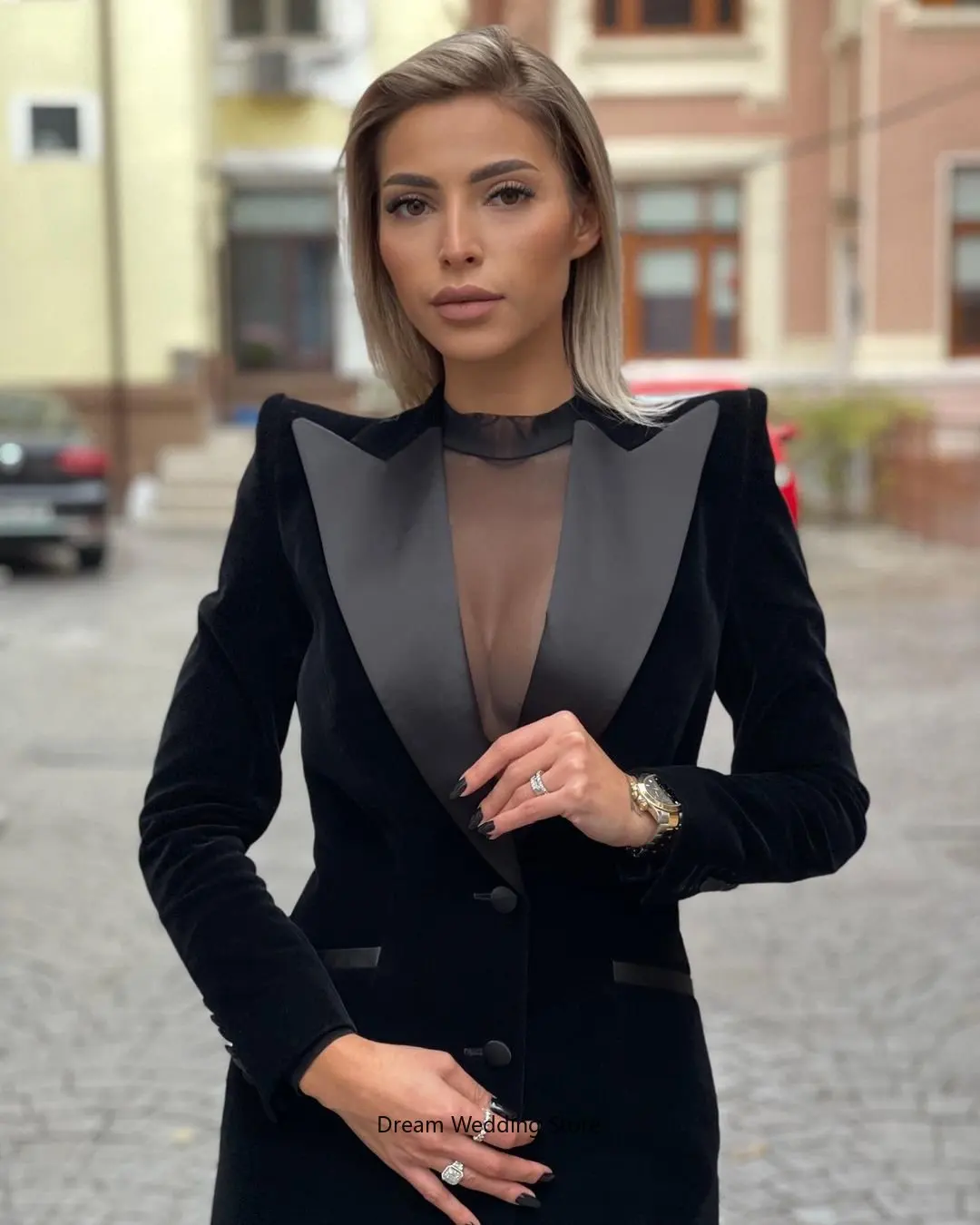 Trajes de terciopelo negro para mujer, Blazer, falda para boda, 1 pieza, cuello en V, mangas completas, Otoño, Formal, fiesta de noche, vestido de graduación, hecho a medida