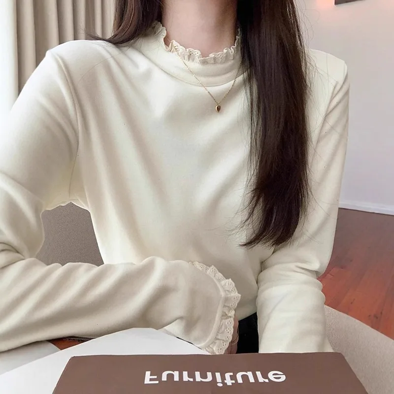 2026 New Women Ruffle Mock Neck Long Sleeve Top Lace Trim Solid Soft Slim Base Layer Tee Elegant Casual Ladies Warm Under Shirt