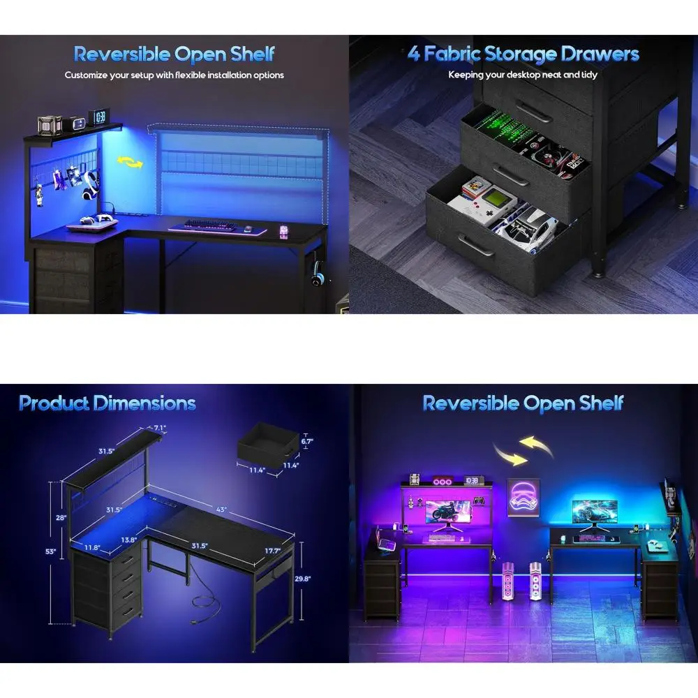 

Черный угловой стол L-образной формы 43 дюйма с LED-подсветкой, полками для хранения и 4 ящиками для домашнего офиса