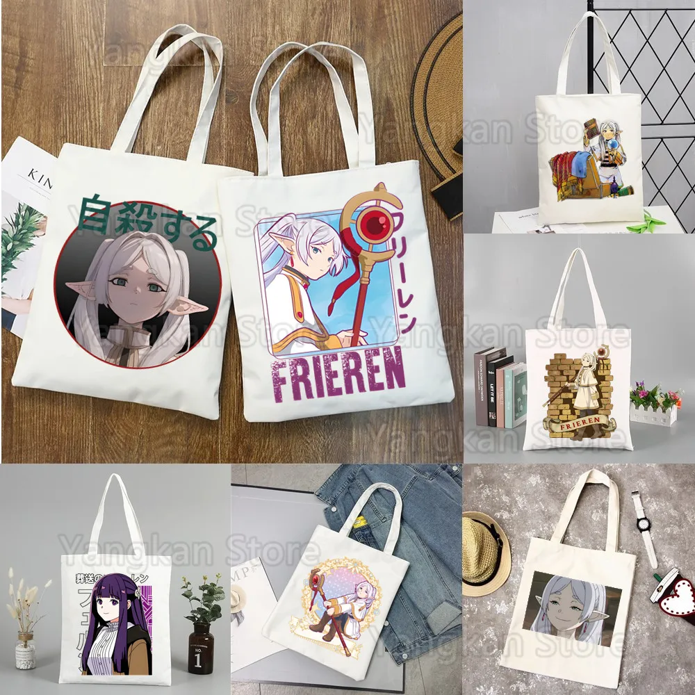 Frieren Canvas Tote Bags for Ladies Handbags Kawaii Cute Bolsa Portable Shopping Shoulder Bag