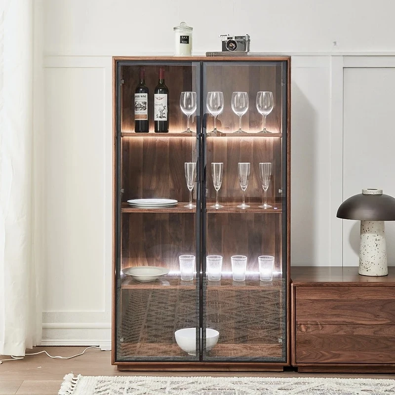 

American Retro Black Walnut Study Storage Cabinet European Entry Lux Living Room Lockers with Glass Door