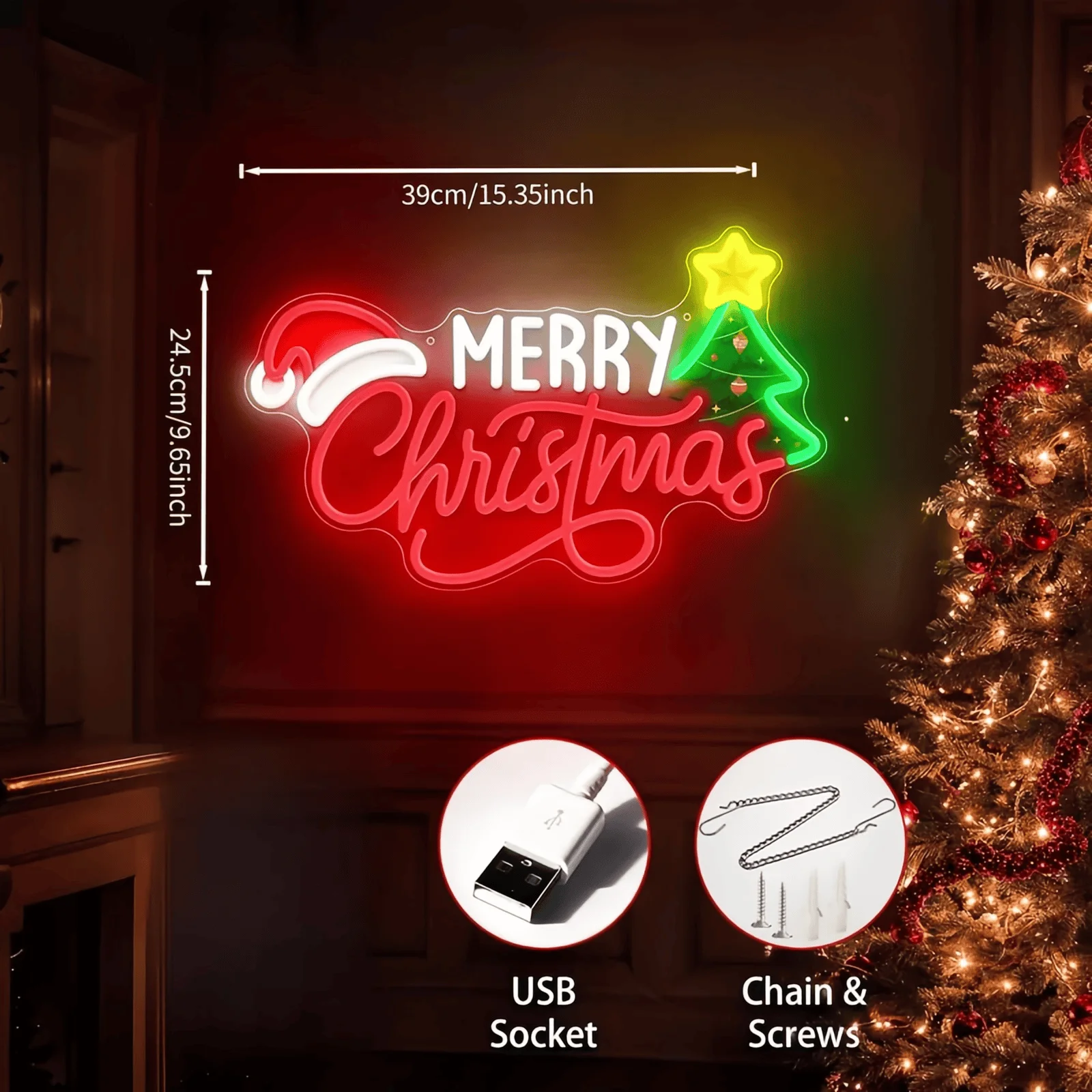 Merry Christmas Neon Sign for Wall Decor, Christmas Tree Neon Signs Vibrant LED Neon Light up Sign for Party Decor USB Powered