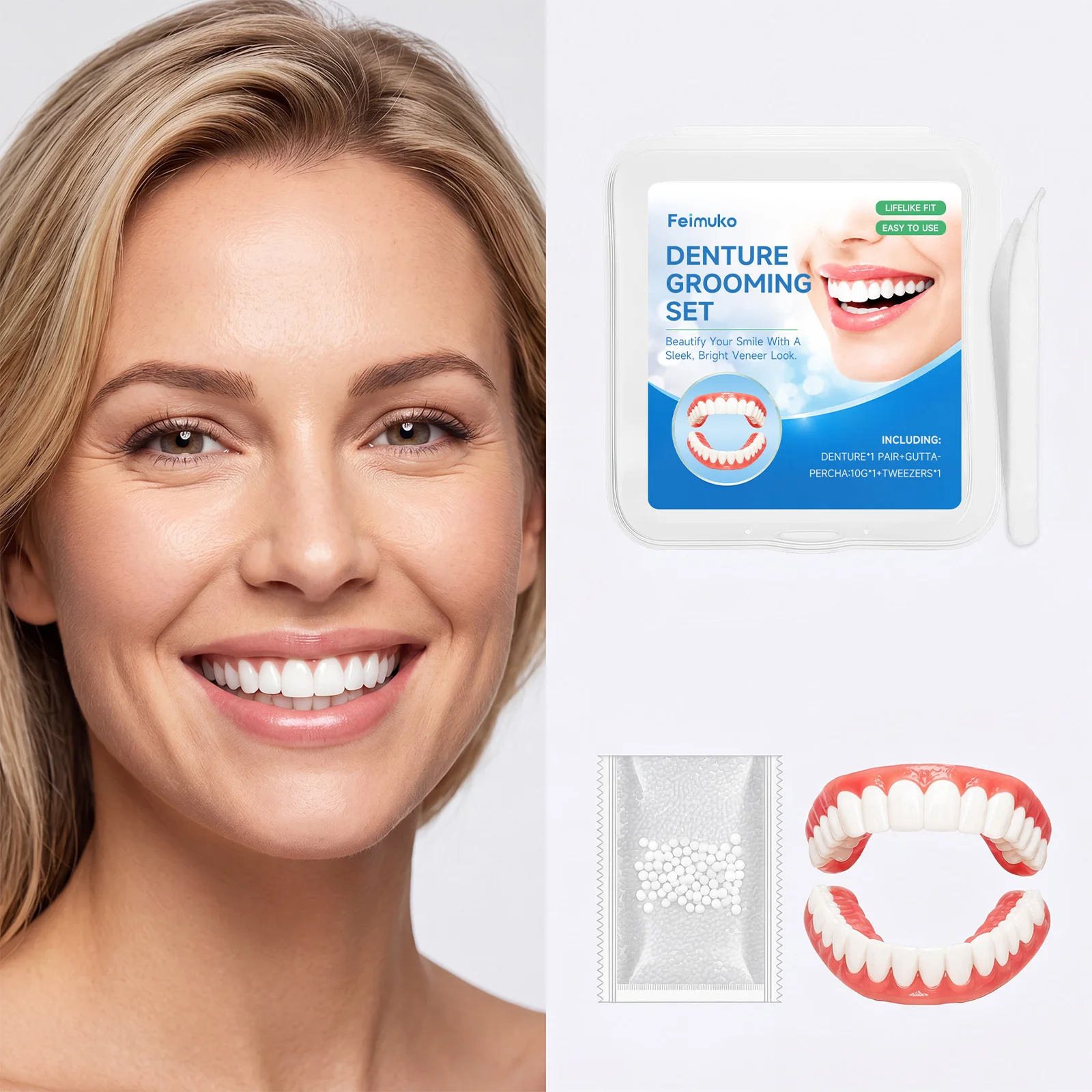 Cosmetic Denture Kit, Adjustable Snug Fit, Comfortable For Long Time Wear, Skin-friendly Material, Portable & Easy To Use