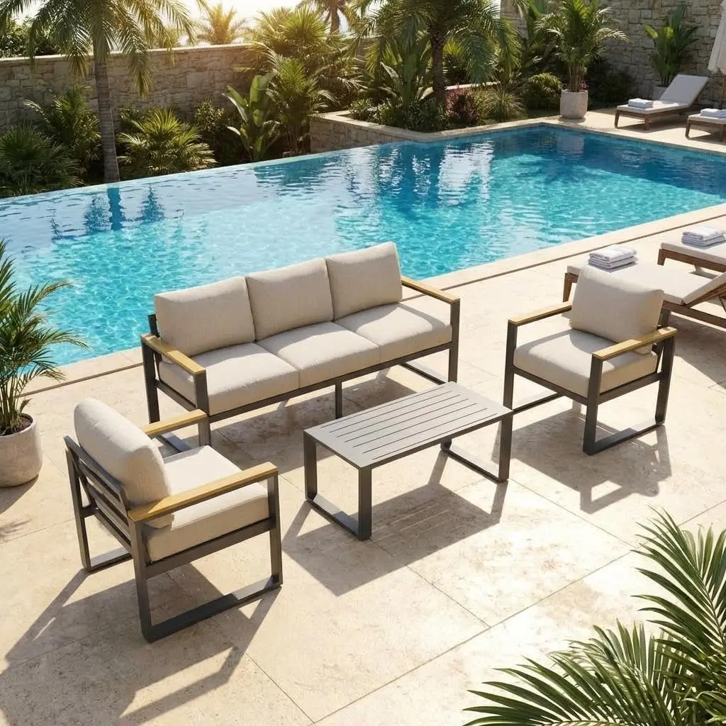 Aluminum Outdoor 3-Seat Sofa & Coffee Table, All-Weather Metal with Washable Cushion for Balcony Garden Deck, Beige, Customized
