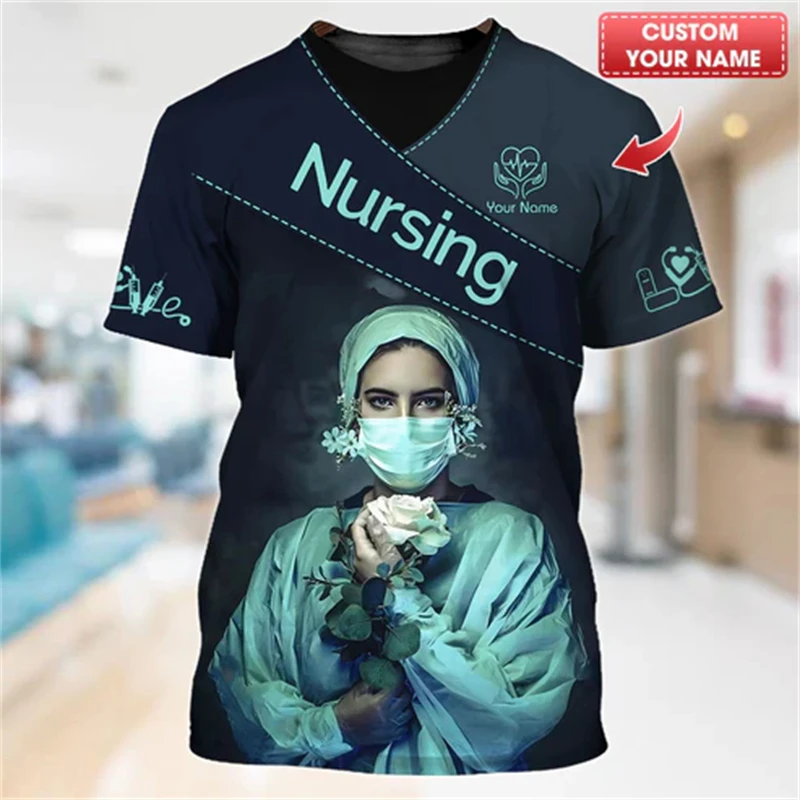 Nurse Uniform T-shirt For Women Custom Name Cosplay Tee Fashion 3D Print Pattern O-neck Short Sleeve Harajuku Fashion Pullover