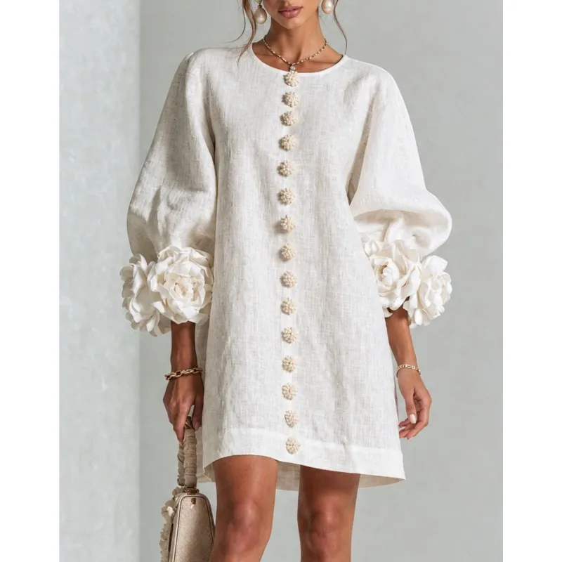Boho Women  Rose Cuff Mini Dress Round Neck Lantern Long Sleeve Handmade Flower Button Linen Loose Casual Party Short Dresses