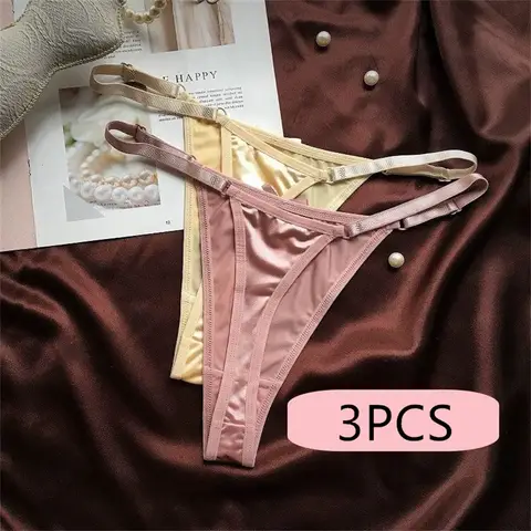 Sexy Adjustable Thongs Women Smooth Glossy Silk Low Waist Satin T-back Panties Plus Size Culotte Femme