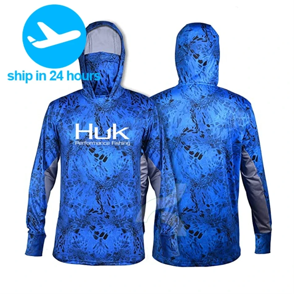 

HUK Fishing Shirt UPF 50+ Hooded Face Cover Fishing Clothes Sun UV Protection Long Sleeve Hoodie Men's Face Mask Camisa De Pesca