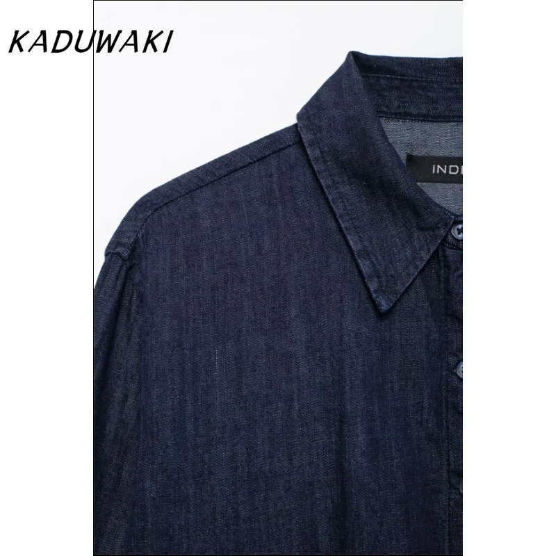 KADUWAKI Japan and South Korea Fashion Lapel Long-sleeved Campus Casual Shirt Retro Open Design Loose Simple Denim Shirt Camisas