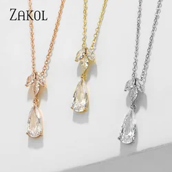 ZAKOL Shinny Water Drop Cubic Zirconia Pendants Necklace for Women Teardrop Crystal Clavicle Chain Bridal Wedding Party Jewelry