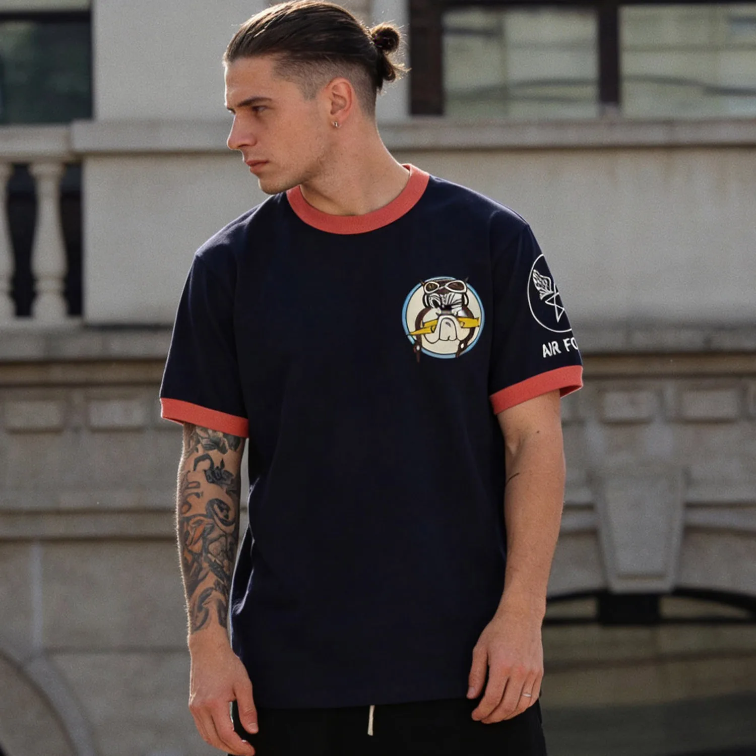 Men's 230g Amekaji Military Air Force Color Block Ribbed Short Sleeve Tee Vintage Crew Neck Casual