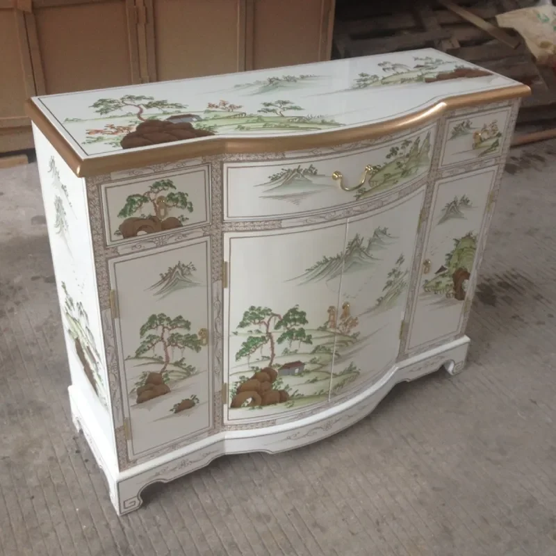 Zigaomei Three Bucket Four Door Cabinet Hand Painted Landscape Porch Cabinet Foyer Decorative Storage Furniture for Entrance