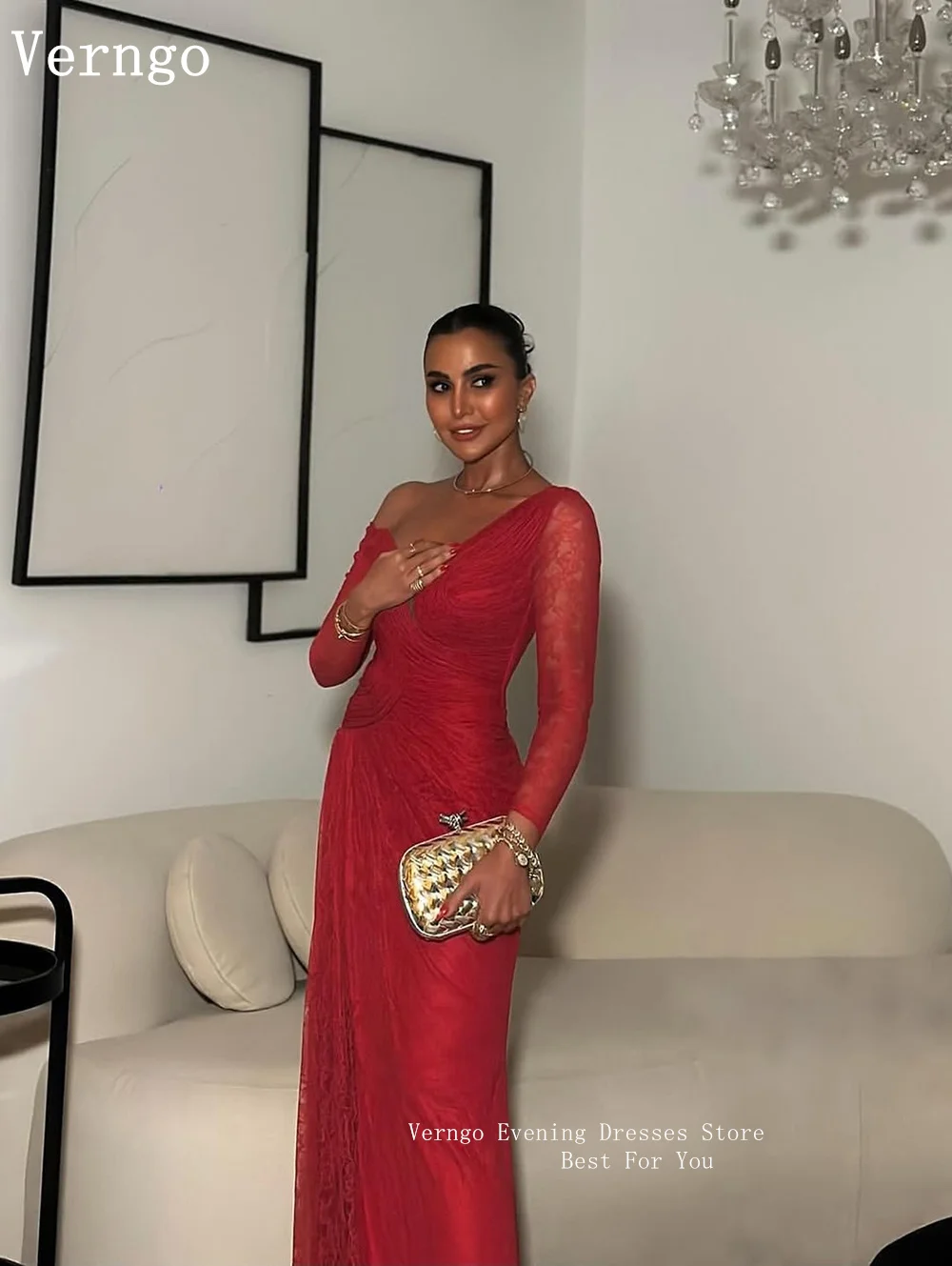 Verngo Elegant Red Lace Prom Gowns V Neck Side Sli Full Sleeves Formal Occasion Dresses Arabic Party Dress Customized image 3