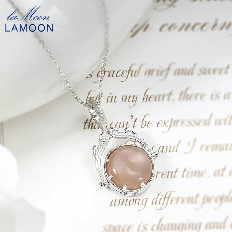 LAMOON Vintage France Style Bijou Natural Gemstone Orange Moonstone Spin Pendant Necklace For Women 925 Sterling Silver Jewelry