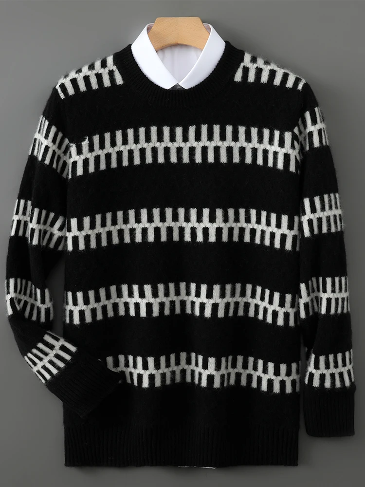 

Новый мужской вязаный свитер из 100% мериносовой шерсти, жаккардовый пуловер в полоску с круглым вырезом, осенне-зимняя кашемировая одежда, деловой топ для отдыха