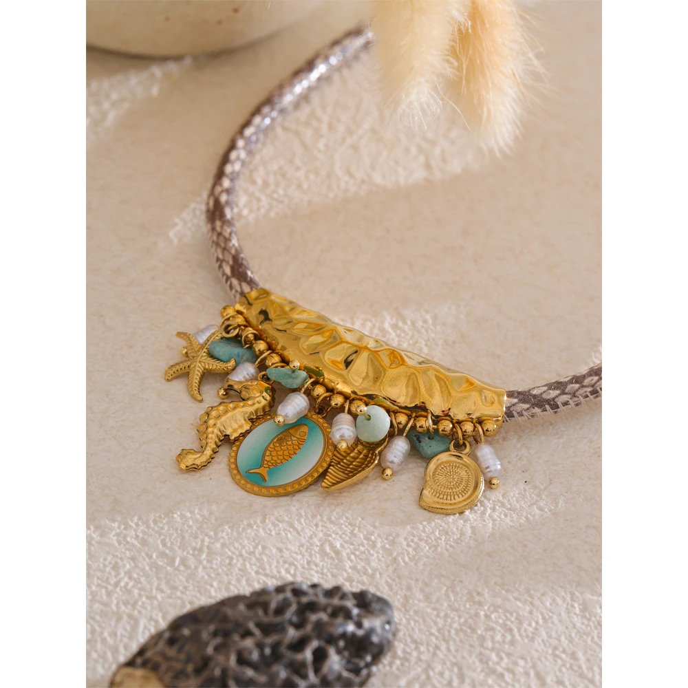 Yhpup Exclusive Design Handmade Jewelry Ocean Style Pearls Starfish Shell Fish Drop Necklace Exquisite Stainless Steel Jewelry