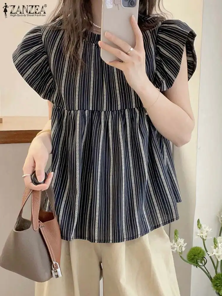 ZANZEA Women Vintage Stripe Print Tops 2024 Sweety Fungus Edge Shirt Elegant Office Blouse Fashion Autumn Flare Sleeve Blusas