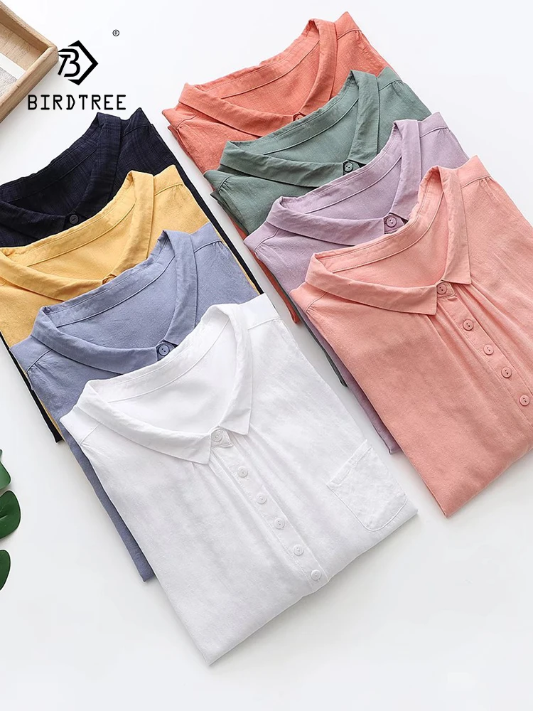 New Spring Cotton Solid Loose Shirt Women Lapel 3/4 Sleeve Casual Top Girl Fashion Basic Commute Blouses 2024 Summer T45452QC