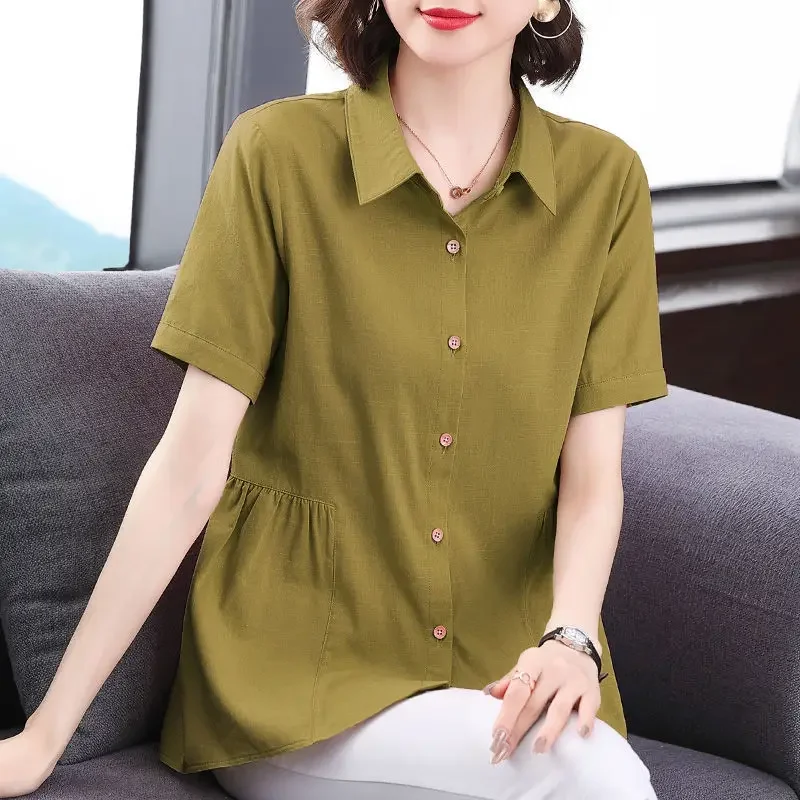 Women's Clothing Short Sleeve Shirt New Summer Loose Solid Color Blouse Lapel Button Shirring Fashion Elegant Office Lady Tops