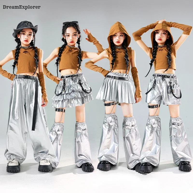 Hip Hop Girls Wasteland Hoodies Silver Skirt Street Dance Pants Kids K-pop Streetwear Children Jazz Crop Top Clothes Set Costume