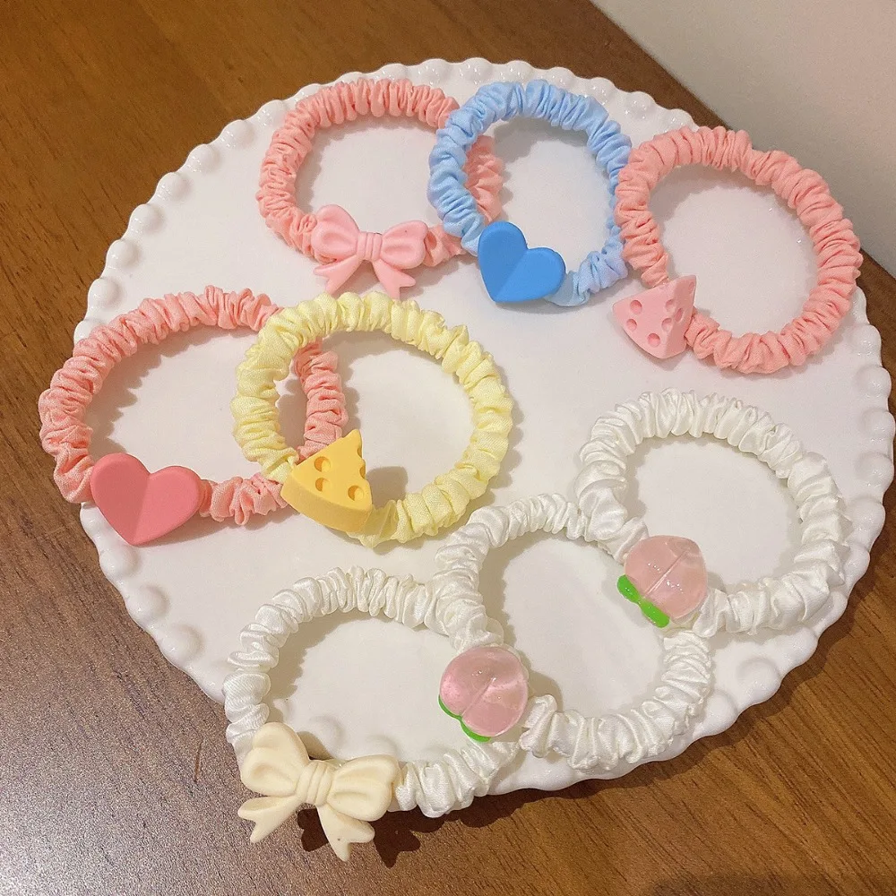 Cheese Heart Wrinkle Hair Band Ponytail High Elastic Sweet Hair Rope Little Fresh Candy Color Bow Headband