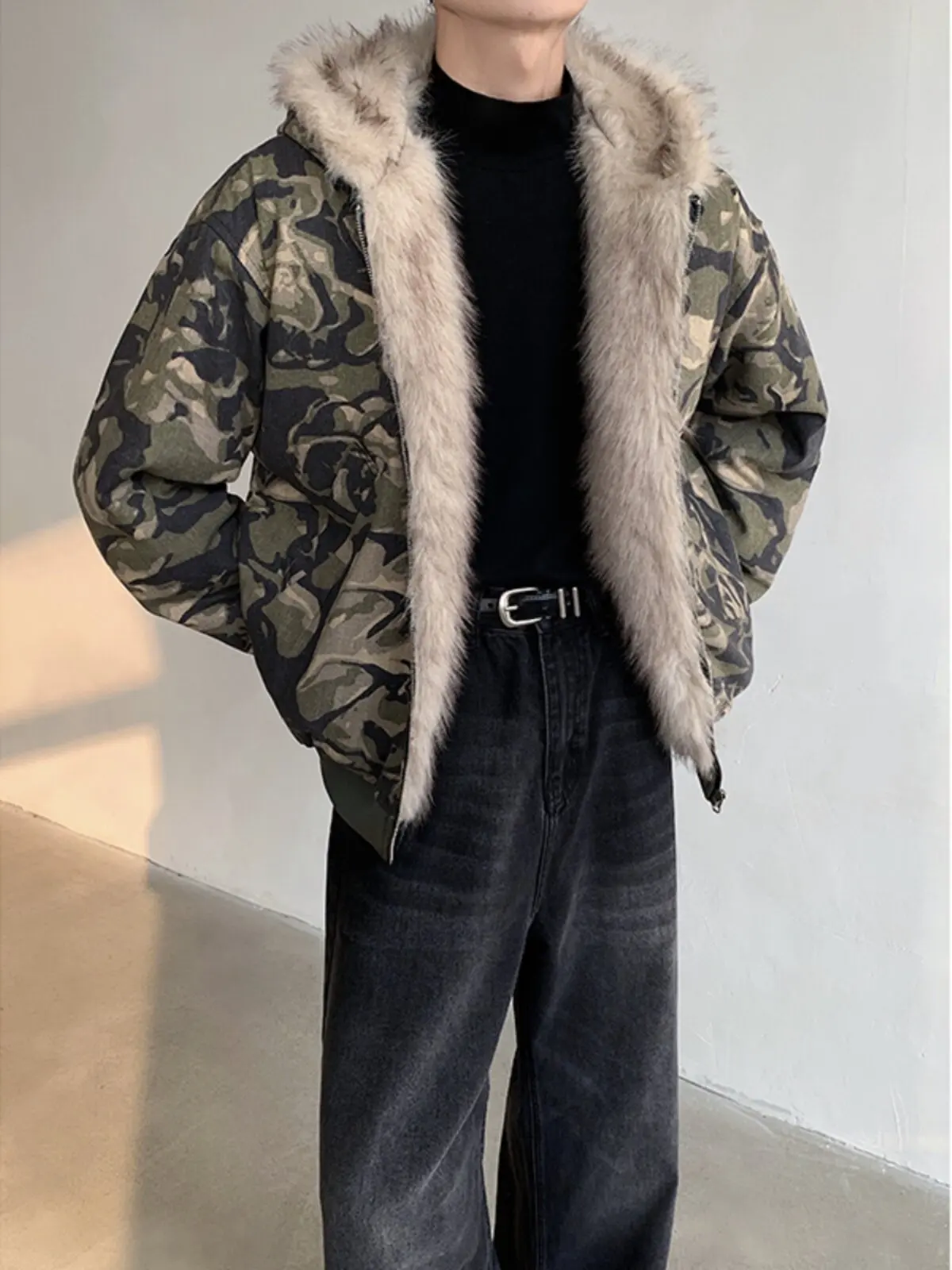 Winter Camouflage Fleece Hoodie American Retro Casual Fashion Loose Men's Fake Fur Overcoat Street Style Warm Thicken Hoodie