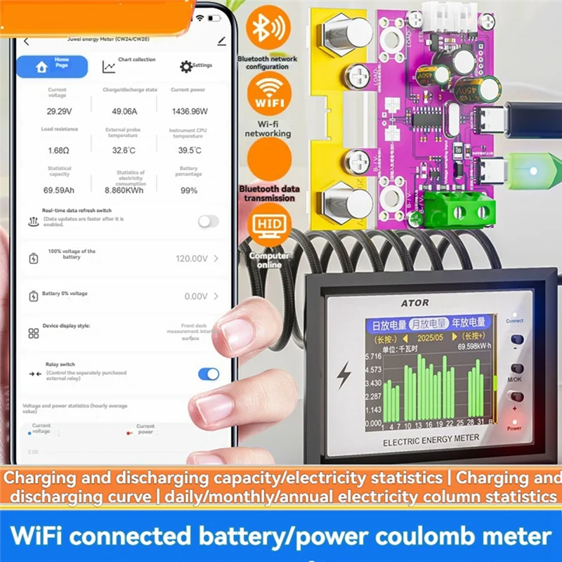 

Портативный тестер емкости аккумулятора 1000A DC 0-420V Wi-Fi Кулоновый измеритель Вольт-амперметр Монитор мощности аккумулятора с реле 80A