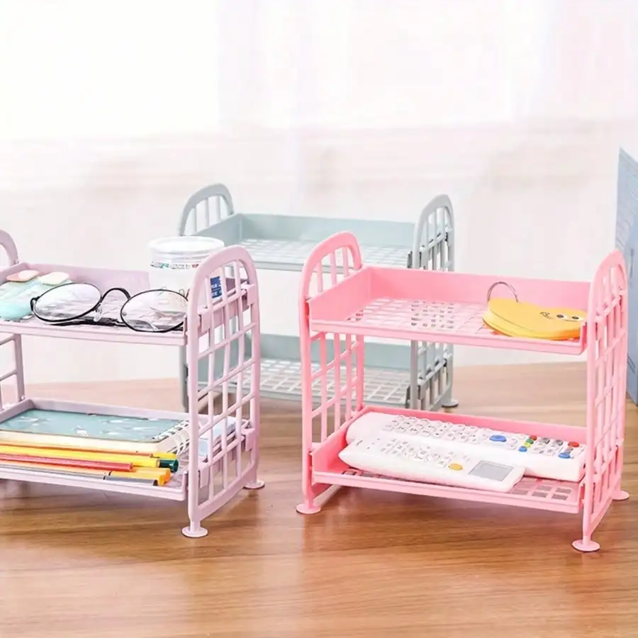 

1pc Minimalist Solid Color Double-Layer Storage Basket, Foldable Assembly Organizer Rack, Office Desk Stationery & Item Holder (Pink)