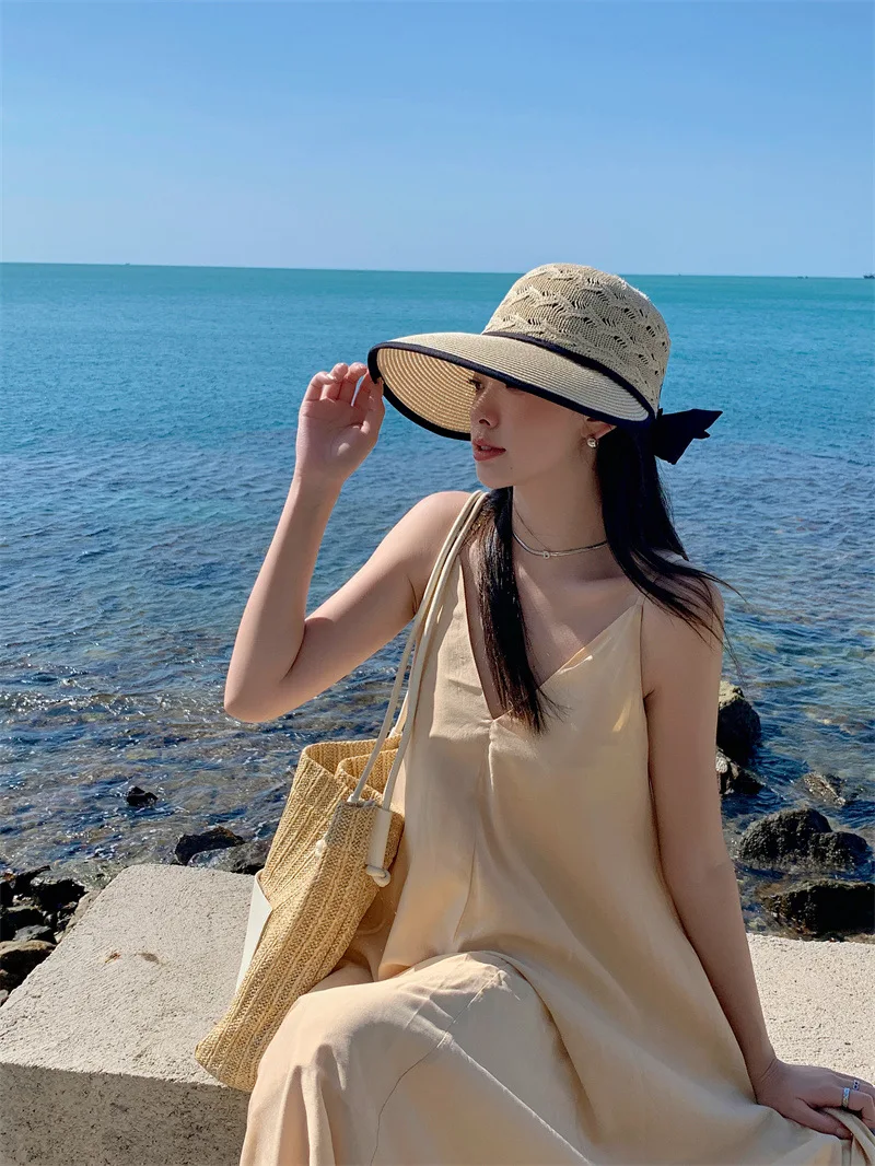 Women Ponytail Straw Sun Hat Wide Brim Visor Summer Adjustable Cap Sun Beach Foldable Hats