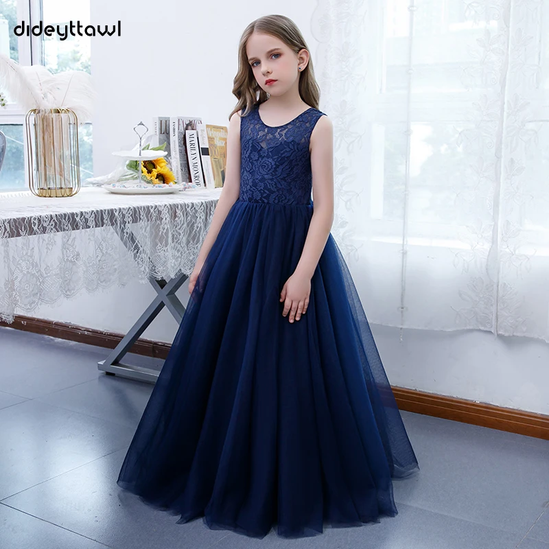 Robes de princesse à col rond pour filles, dentelle bleue marine personnalisée, tulle à fleurs en fibre, robe longue pour enfants, fête d'anniversaire, reconstitution historique, tout ce que vous voulez