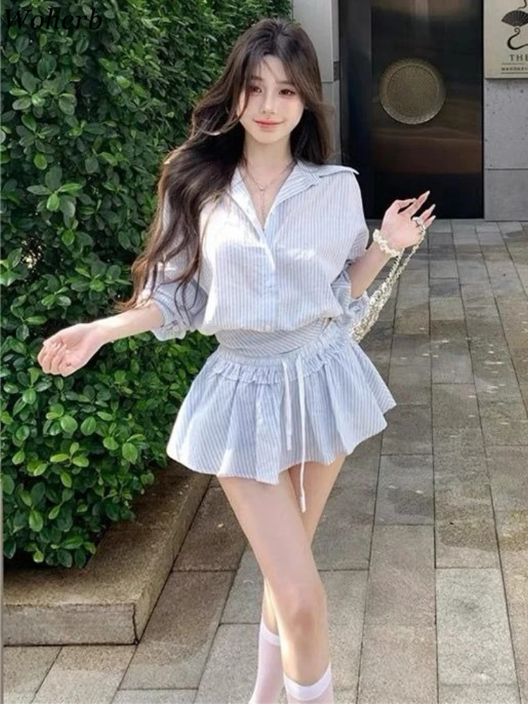 

Two Piece Sets Womens Outfits Preppy Style Vertical Stripe Shirts + High Waist Drawstring Ruffled Mini Skirts Sweet Summer Suit