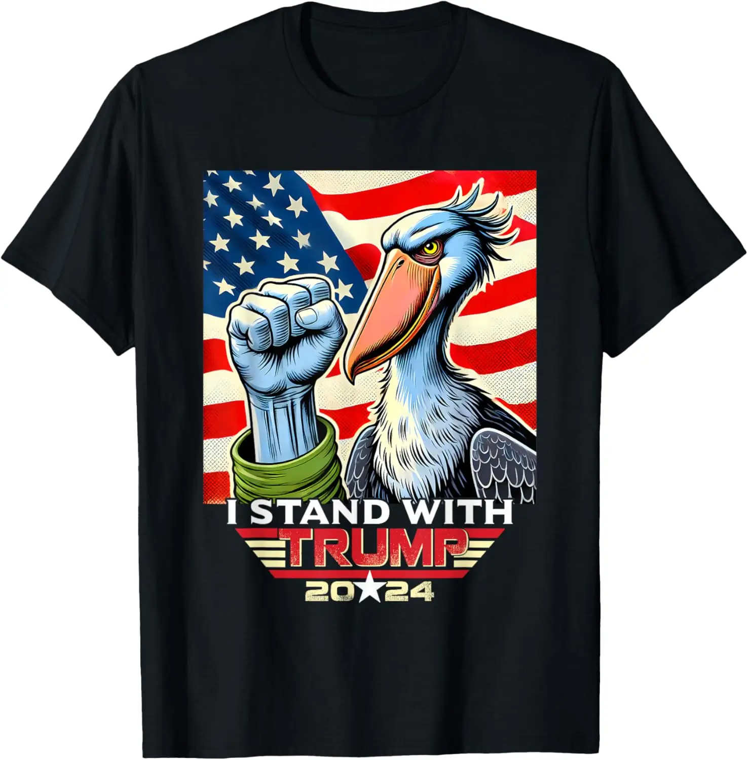 

US Flag I Stand With Trump Fist Shoebill Stork T-Shirt