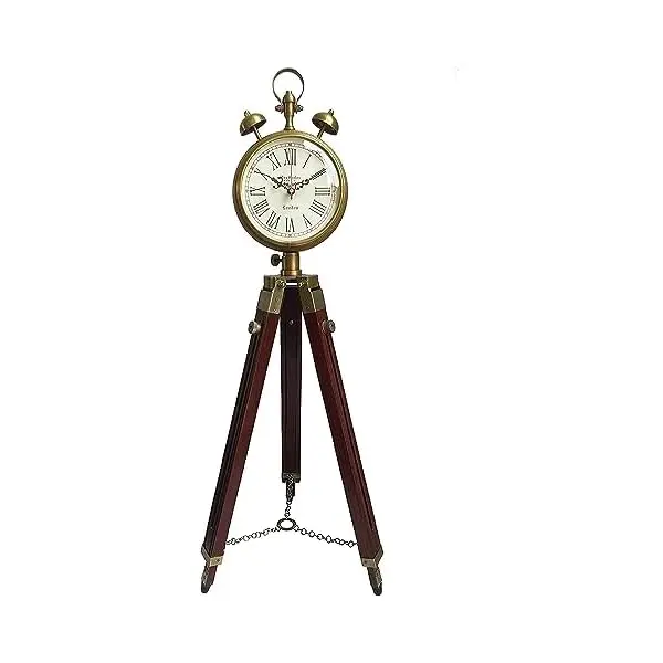 Vintage wooden floor clock with tripod base and gold accents for living room or bedroom decor measuring 12 x 14 x 50 inches tall