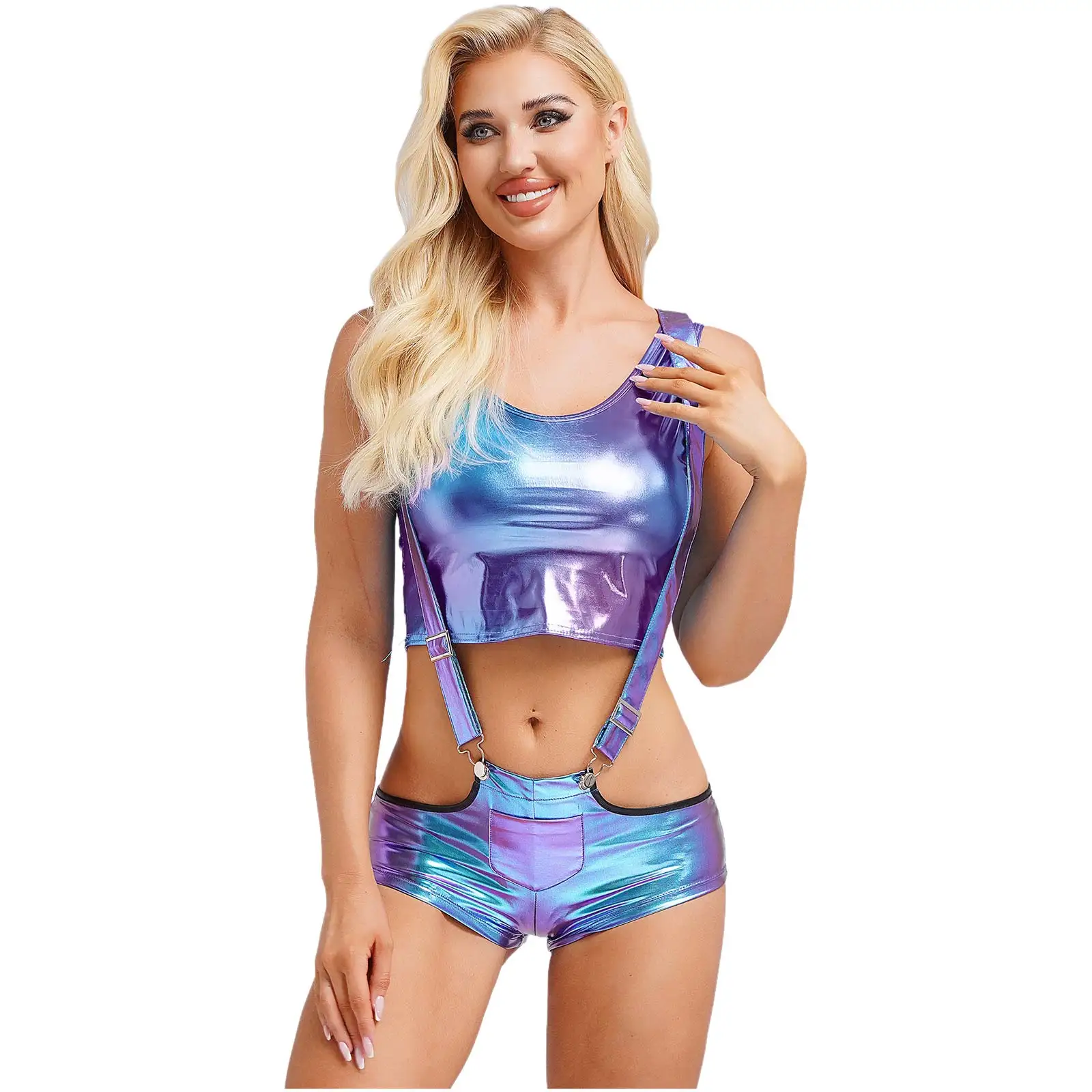 إمرأة ديسكو الهيبيز القطب ملابس رقص لامعة معدنية تانك القمم + الحمالات فستان أطفال مع سروال داخلي ساخن Wetlook الهذيان مهرجان كلوبوير