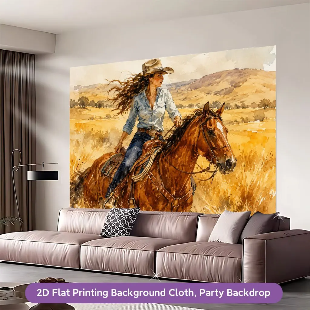 Cowgirl Riding Horse Western Landscape Watercolor Style 2D Flat Tapestry Backdrop For Living Room Decor Country Wall Hanging Art