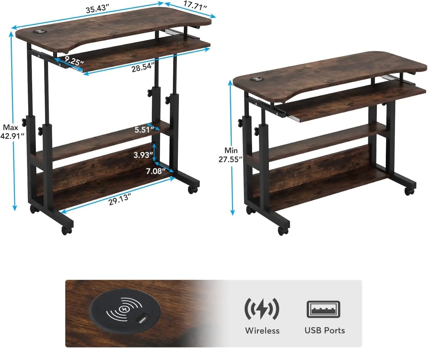 Portable Desk with Power Outlets, Height Adjustable Side Table Sofa Couch Bedside Laptop Computer Cart with USB Charging Ports,