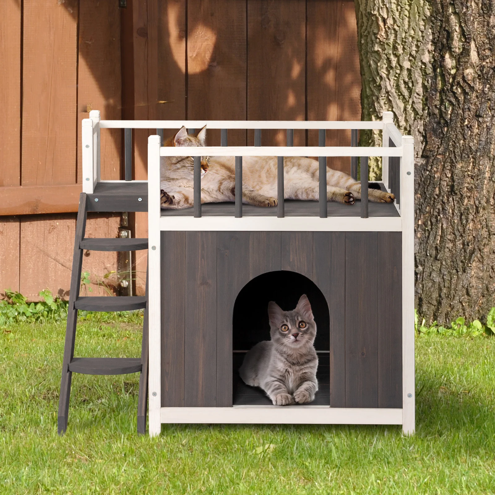 2-Story Grey & White Wooden Feral Cat House Dog House for Outdoor and Indoor Pet House with Stairs