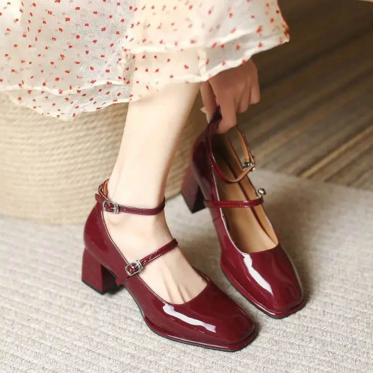 Retro Thick Heel Lacquer Leather Single Shoes Small Leather Shoes Spring New High Heel Red One Word Buckle Mary Women\'s Shoes