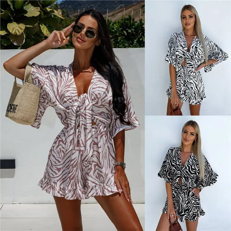 

Summer 2024 Holiday Casual V-Ne Printed ort Sve Onesie Women's Wide Leg Jumpsuit Street Sle Knitted Inner Wear