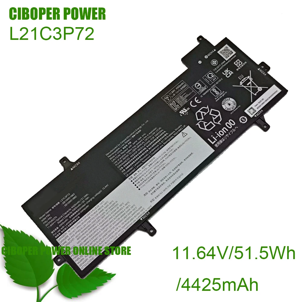 

CP Laptop Battery L21C3P72 L21M3P72 L21C3P73 L21B3P71 11.64V/4425mAh/51.5Wh For ThinkPad Z13 Gen 1 21D2 21D3 Series Notebook