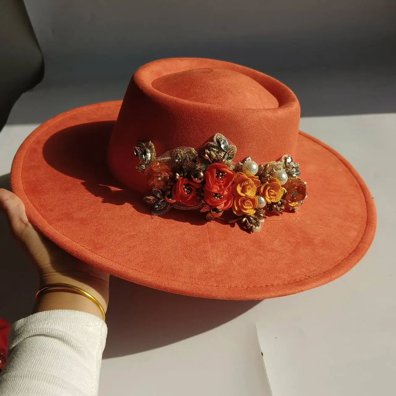 vegan suede Hat Pork pie decals with rhinestones  autumn and winter Panama jazz hat retro Fedora wide brim hat bonnet femme