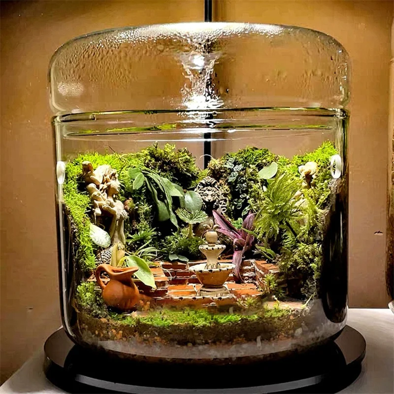 Micro-Landscape Glass Terrarium with Dew Collection Cover, Bonsai Vase Glass Microscopic Landscape Ecological Bottle S