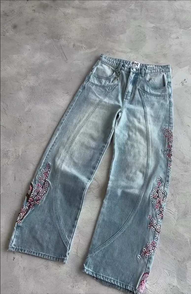 アメリカンレトロ刺繍デニムパンツ 桜柄 Y2K レトロ ルーズ ストリート ストレートジーンズ ハイウエスト ブルー ジーンズ