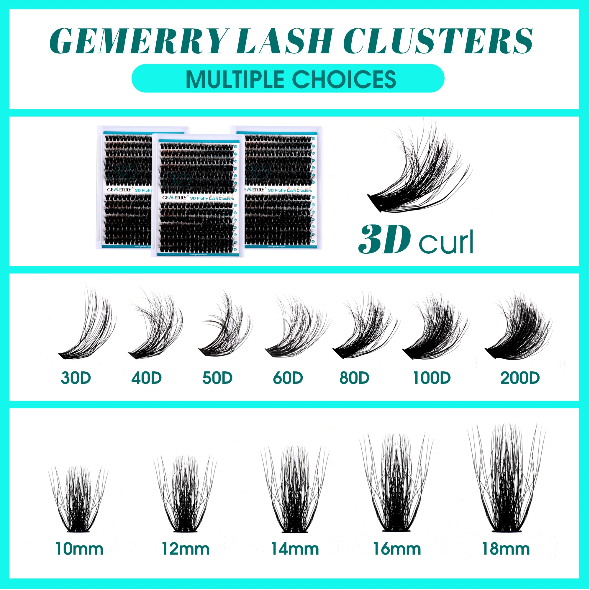 GEMERRY Fluffy Lash Clusters 3D Effect 280pcs 40-100D 10-18mm Mixed Volume Lash Extensions Thick Matte Black Eyelash DIY at Home