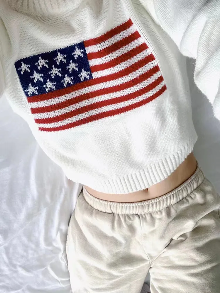 Sweater Aesthetics Long Sleeve Sweaters Oversize Pullover Tops Clothes Y2K Women Winter Vintage Ladies Luxury American Flag Knit